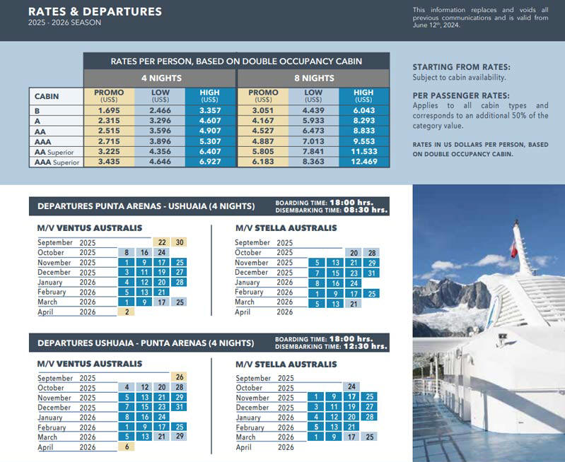 Australis cruises in Chile and Argentina 2025 nad 2026
